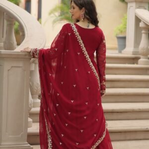 Maroon Faux Blooming Sequins & Zari Embroidered Gown with Matching Dupatta