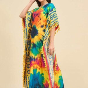 Women's Cotton Tie Dye Print Flowing Bell Sleeves Full Length Kaftan Drees Casual Beach Wear ( Multicolor )