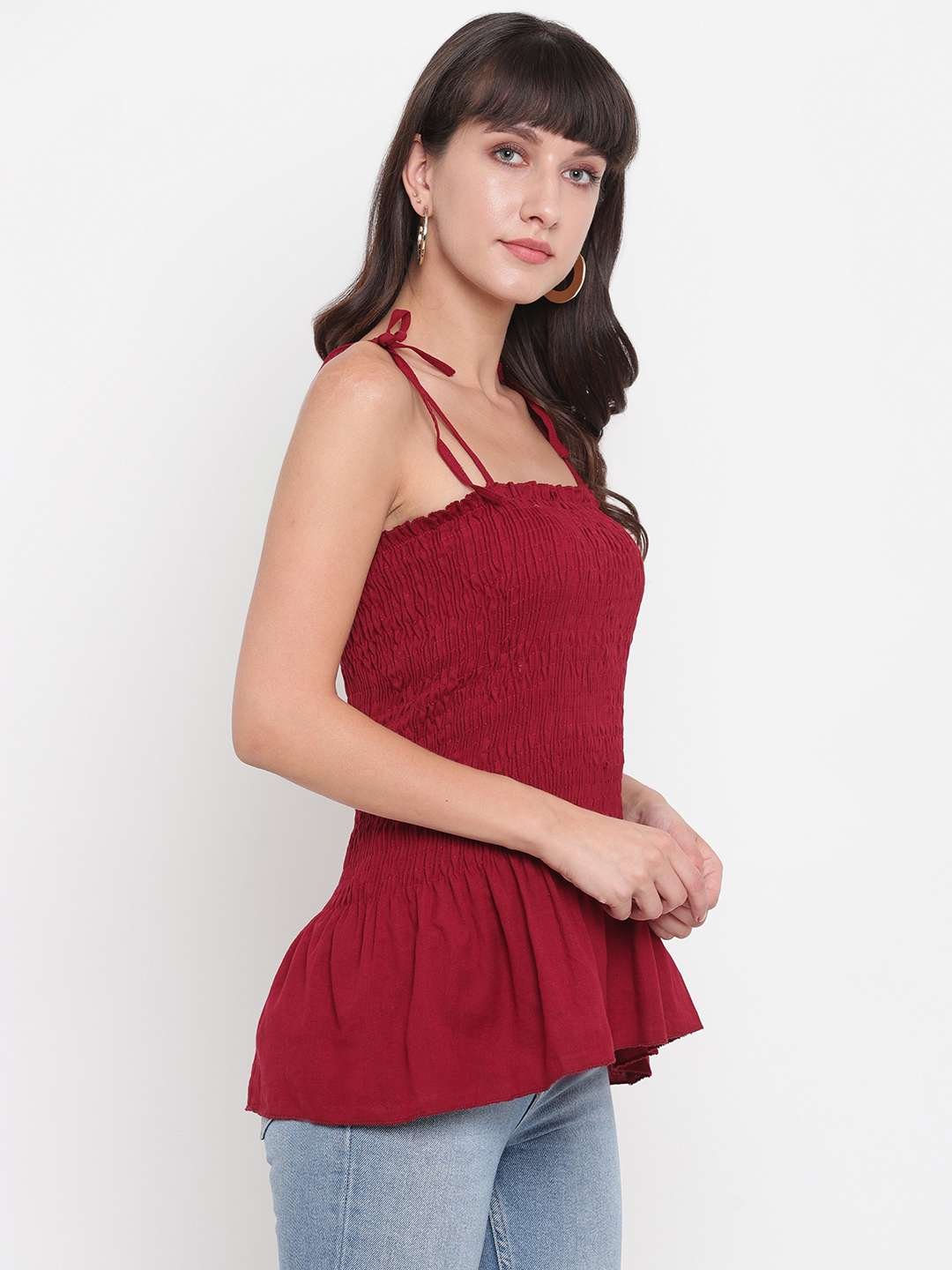 Women's Rayon Solid Casual Summer Style Tie Shoulder Straps Free Size Tank Top (Maroon)